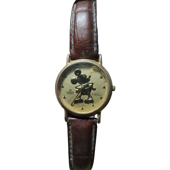 Mickey Disney Lady Stars‎ Gold Tone New Battery Works Brown Band Vintage - Picture 1 of 10